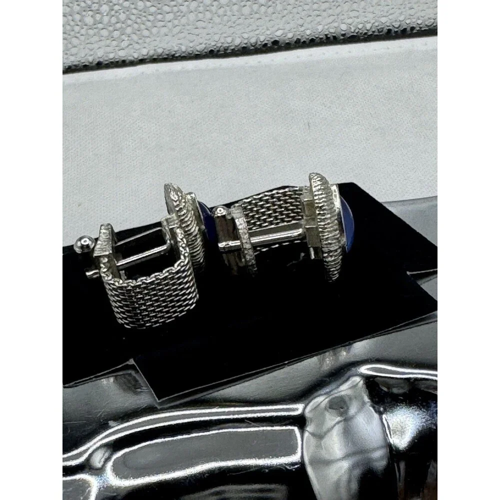 Vintage Swank Blue Cabochon Mesh Wrap Cuff Links